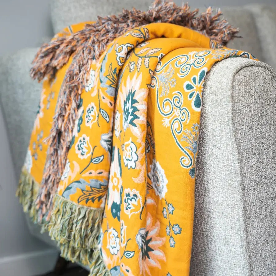 Vintage Plaid met Bloemdessin – Luxe Geweven Deken voor Bank en Bed – Franjedeken – Boho Stijl Woondecoratie en Warmte | Sulvida
