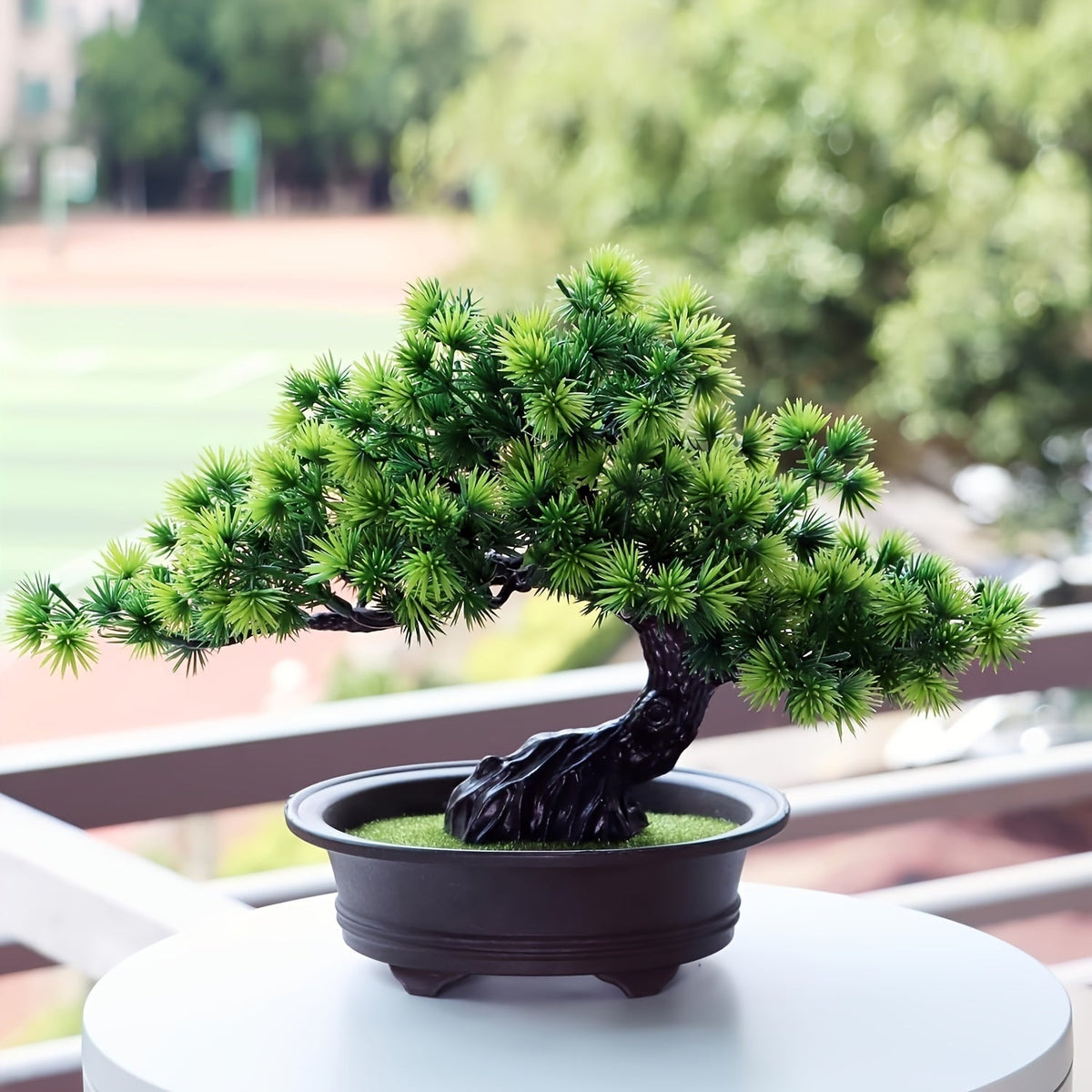 Bonsaï décoratif artificiel de 24 cm de haut avec pot noir, sans entretien, plante artificielle verte pour l’intérieur | Sulvida