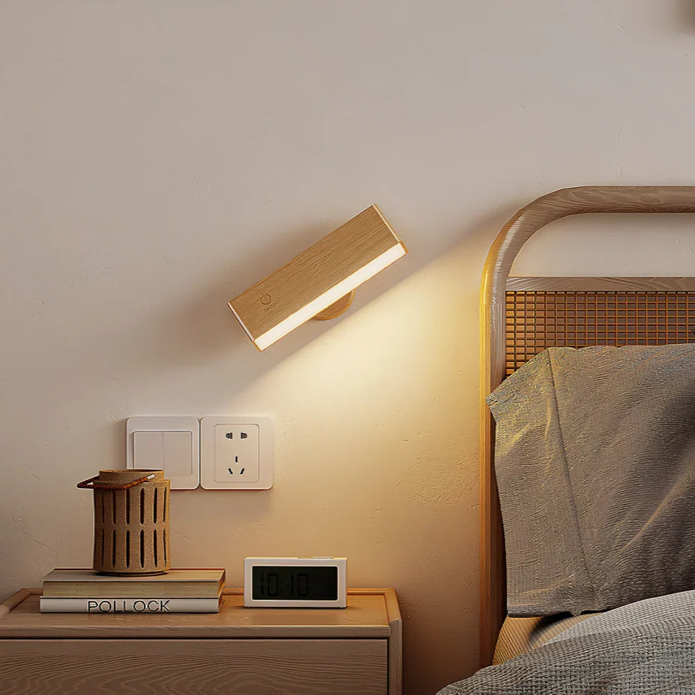 Draaibare Wandlamp Magnetisch Oplaadbaar met 360° Verstelbare Lampkop Touch Dimbaar Hout Design 3W LED Sfeerlicht | Sulvida