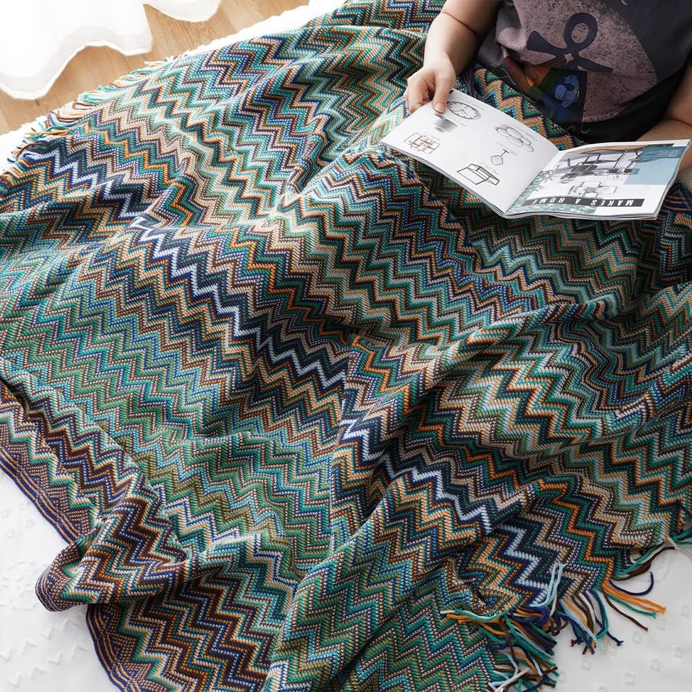 Gebreide plaid met zigzag patroon en franje meerkleurig zacht acryl voor bank bed en decoratie woonkamer | Sulvida