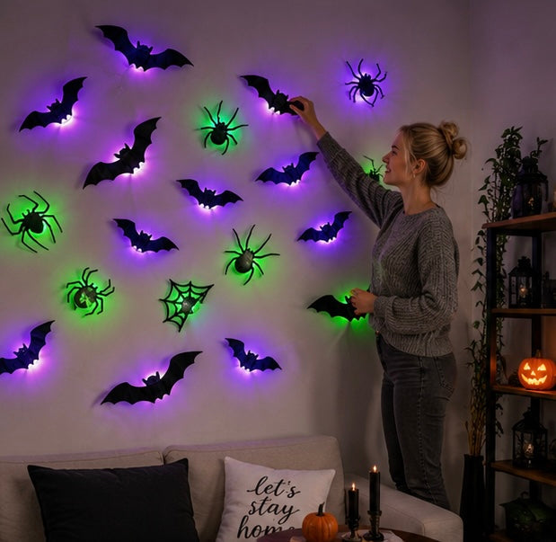 Lichtgevende 3D Vleermuisstickers met LED Verlichting Wanddecoratie Halloween Feest Decoratie Binnen Buiten | Sulvida