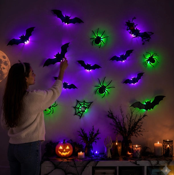 Lichtgevende 3D Vleermuisstickers met LED Verlichting Wanddecoratie Halloween Feest Decoratie Binnen Buiten | Sulvida