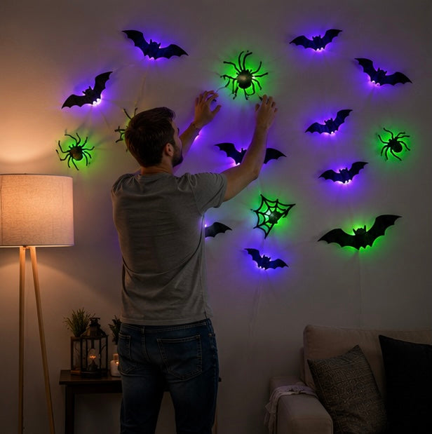 Lichtgevende 3D Vleermuisstickers met LED Verlichting Wanddecoratie Halloween Feest Decoratie Binnen Buiten | Sulvida