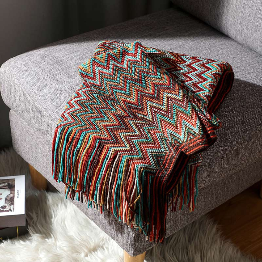 Gebreide plaid met zigzag patroon en franje meerkleurig zacht acryl voor bank bed en decoratie woonkamer | Sulvida