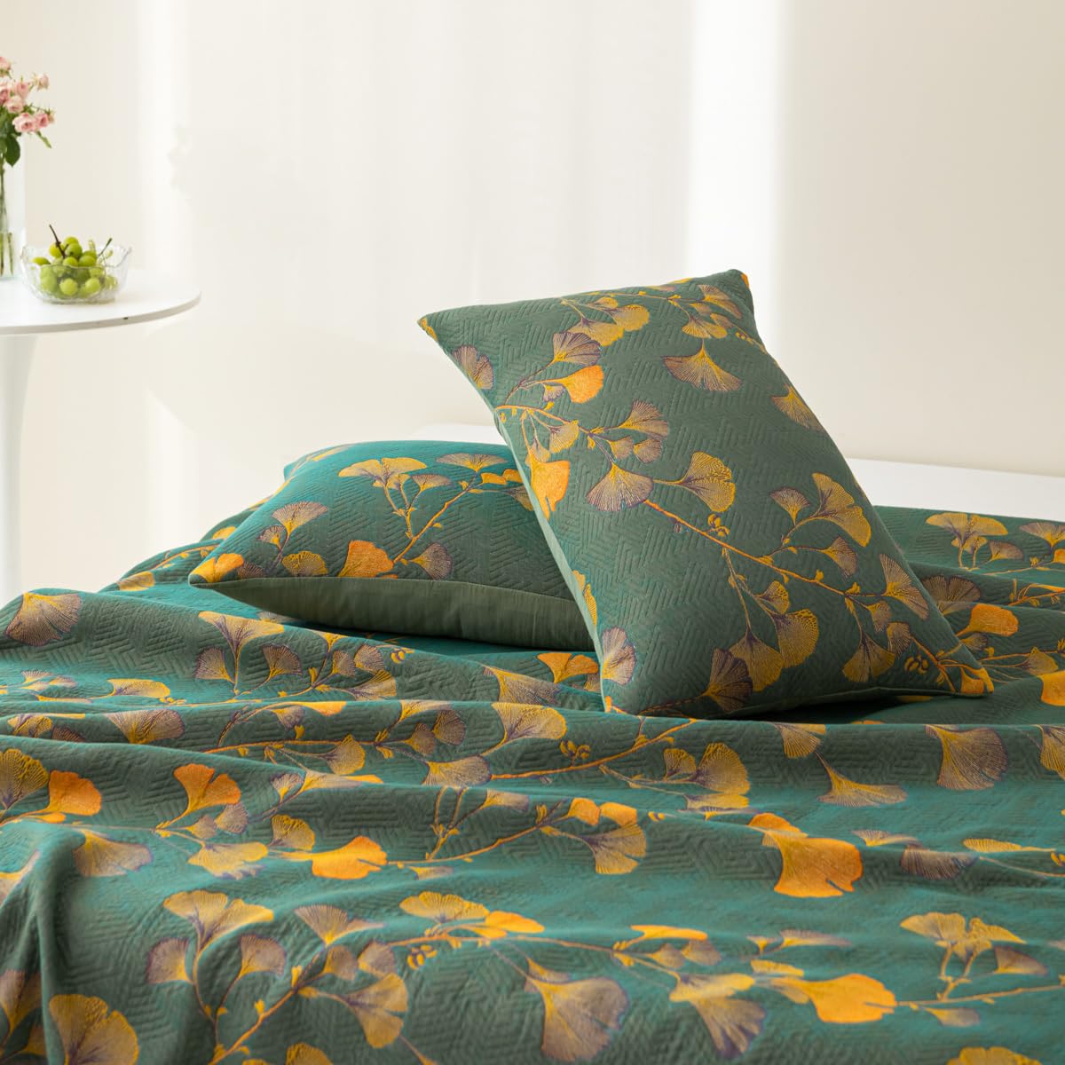Omkeerbare Quilt met Ginkgobladmotief – Luxe Jacquard Beddengoed van Katoen en Sojavezel voor Queen Size en King Size Bedden | Sulvida