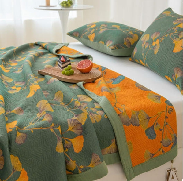 Omkeerbare Quilt met Ginkgobladmotief – Luxe Jacquard Beddengoed van Katoen en Sojavezel voor Queen Size en King Size Bedden | Sulvida