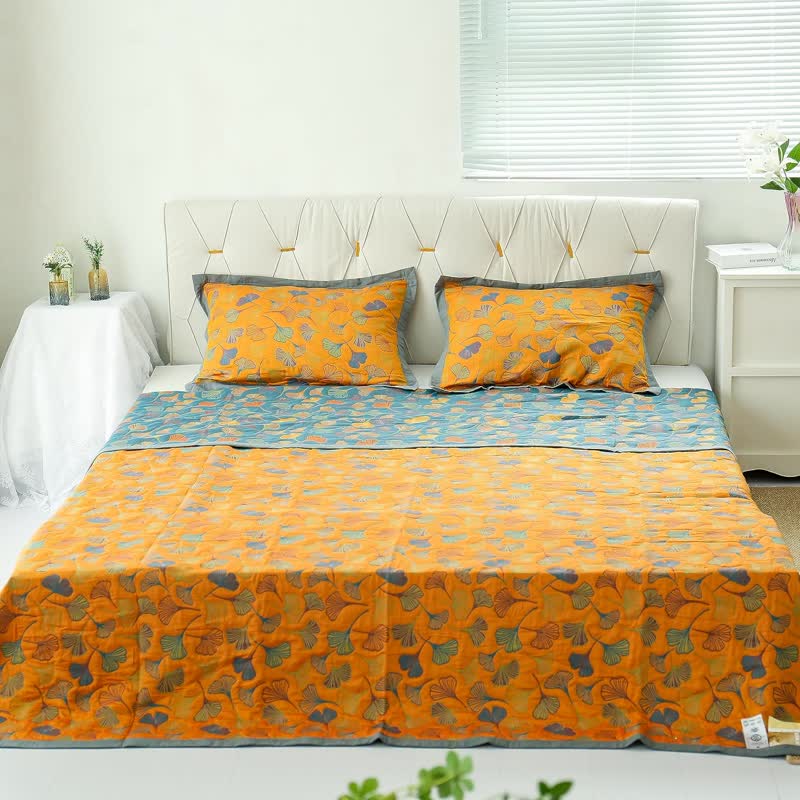 Omkeerbaar Katoenen Quilt Ginkgoblad Patroon - Tweepersoons Dekbed met Kussensloop - Zachte Katoen Sprei voor Bed - Duurzaam Dekbedovertrek | Sulvida