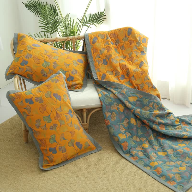 Omkeerbaar Katoenen Quilt Ginkgoblad Patroon - Tweepersoons Dekbed met Kussensloop - Zachte Katoen Sprei voor Bed - Duurzaam Dekbedovertrek | Sulvida