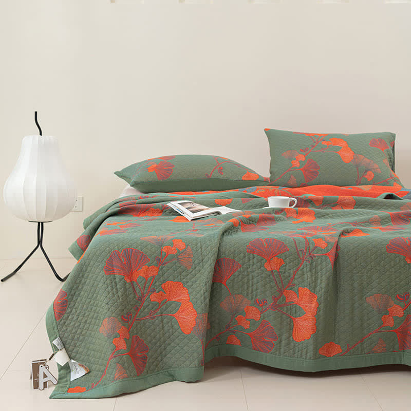 Omkeerbaar Quilt Dekbed met Ginkgo Blad Patroon 100% Katoen Zacht Ademend Tweezijdig Beddengoed voor Alle Seizoenen Slaapkamer | Sulvida