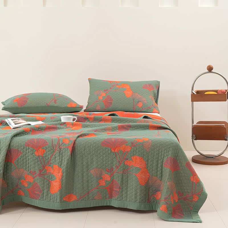 Omkeerbaar Quilt Dekbed met Ginkgo Blad Patroon 100% Katoen Zacht Ademend Tweezijdig Beddengoed voor Alle Seizoenen Slaapkamer | Sulvida
