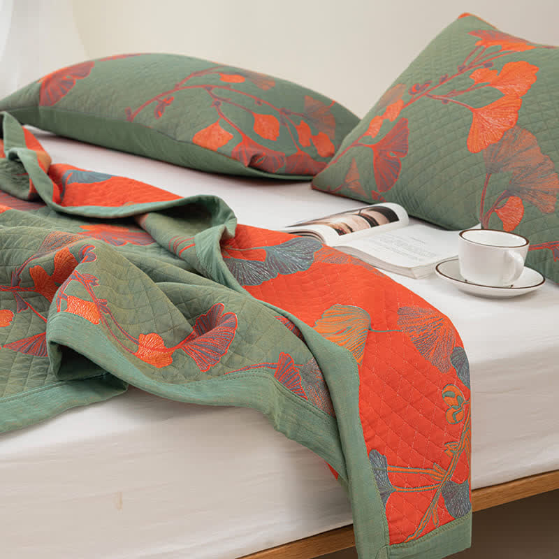 Omkeerbaar Quilt Dekbed met Ginkgo Blad Patroon 100% Katoen Zacht Ademend Tweezijdig Beddengoed voor Alle Seizoenen Slaapkamer | Sulvida