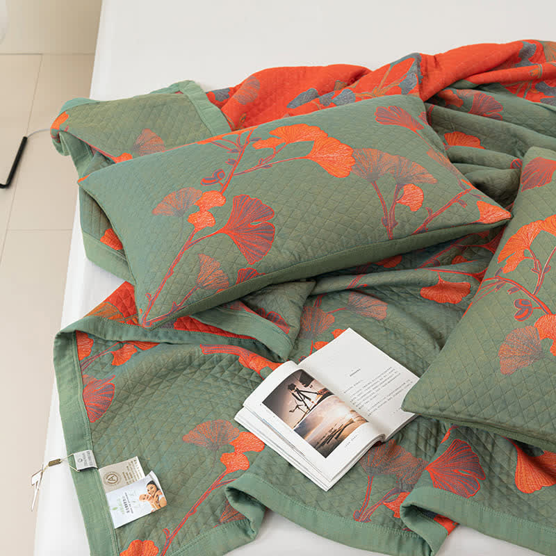 Omkeerbaar Quilt Dekbed met Ginkgo Blad Patroon 100% Katoen Zacht Ademend Tweezijdig Beddengoed voor Alle Seizoenen Slaapkamer | Sulvida