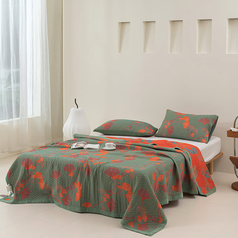 Omkeerbaar Quilt Dekbed met Ginkgo Blad Patroon 100% Katoen Zacht Ademend Tweezijdig Beddengoed voor Alle Seizoenen Slaapkamer | Sulvida