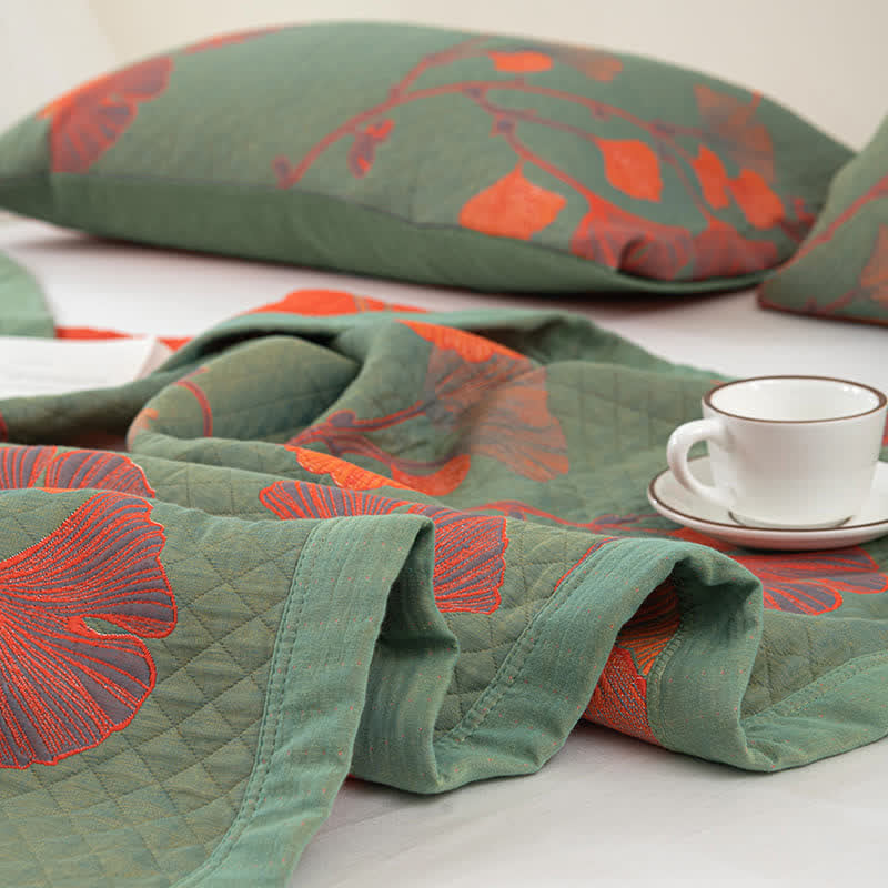 Omkeerbaar Quilt Dekbed met Ginkgo Blad Patroon 100% Katoen Zacht Ademend Tweezijdig Beddengoed voor Alle Seizoenen Slaapkamer | Sulvida