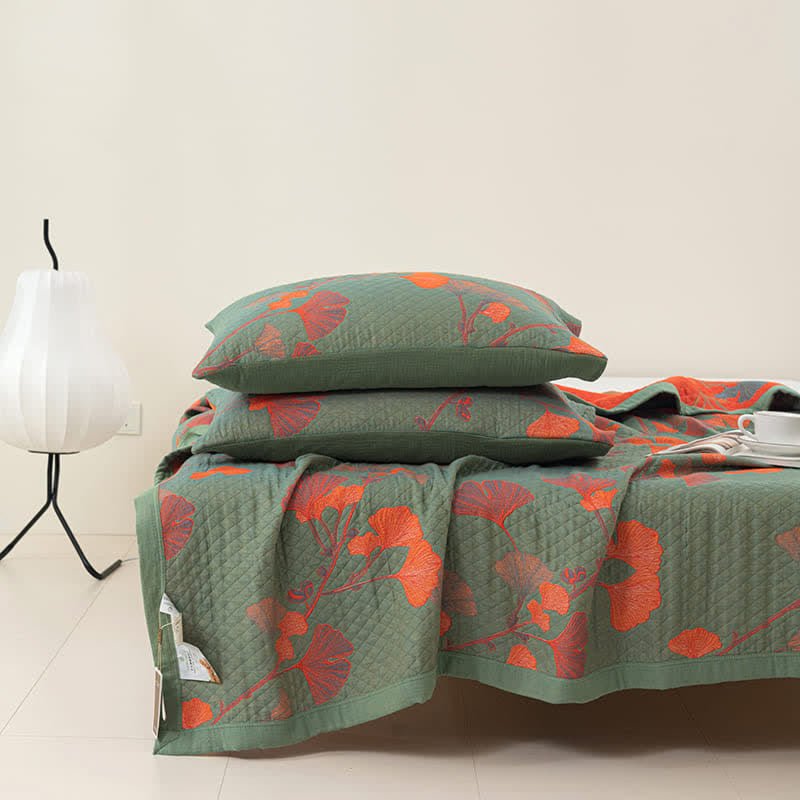 Omkeerbaar Quilt Dekbed met Ginkgo Blad Patroon 100% Katoen Zacht Ademend Tweezijdig Beddengoed voor Alle Seizoenen Slaapkamer | Sulvida