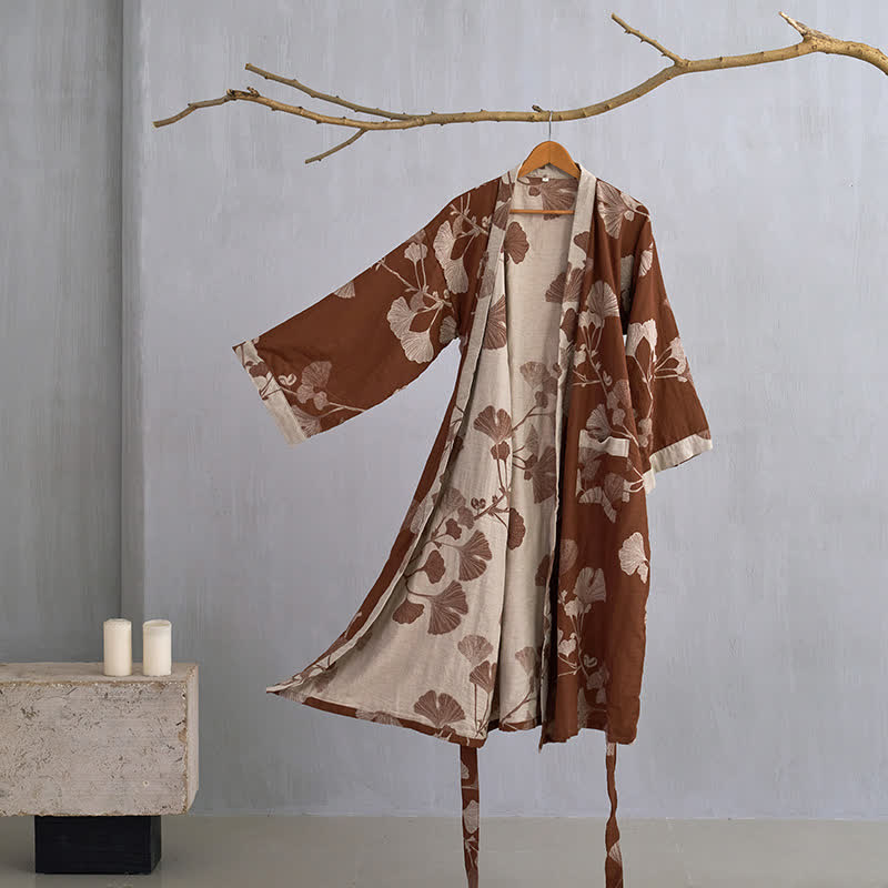 Katoenen Kimono met Groot Ginkgo Bladmotief – Dubbellaags Gaasweefsel Ochtendjas voor Dames en Heren Badstof Huisjas | Sulvida