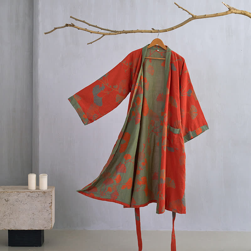 Katoenen Kimono met Groot Ginkgo Bladmotief – Dubbellaags Gaasweefsel Ochtendjas voor Dames en Heren Badstof Huisjas | Sulvida