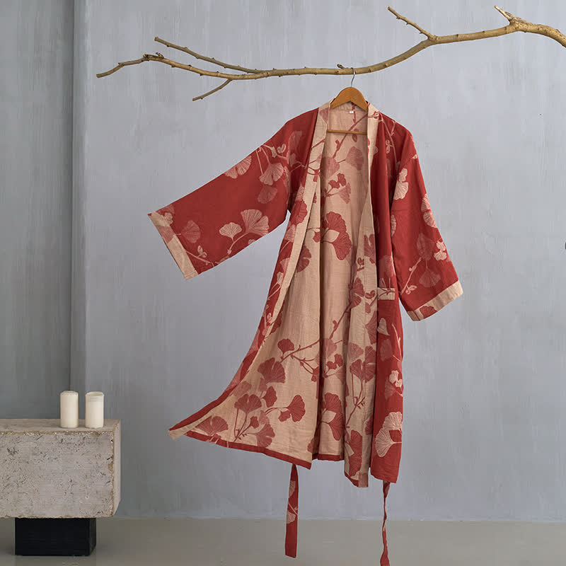 Katoenen Kimono met Groot Ginkgo Bladmotief – Dubbellaags Gaasweefsel Ochtendjas voor Dames en Heren Badstof Huisjas | Sulvida
