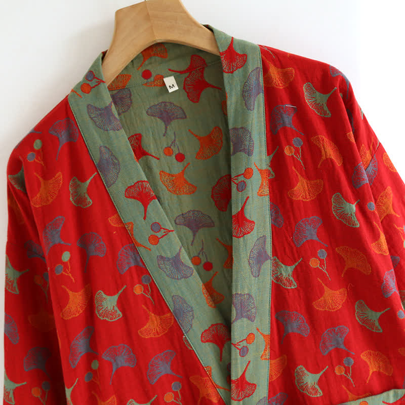 Katoenen Kimono Badjas met Ginko-Motief – Tweekleurige Ochtendjas van Ademende Katoenen Gaas – Unisex Nachtjapon met Verstelbare Taille voor Dames en Heren | Sulvida