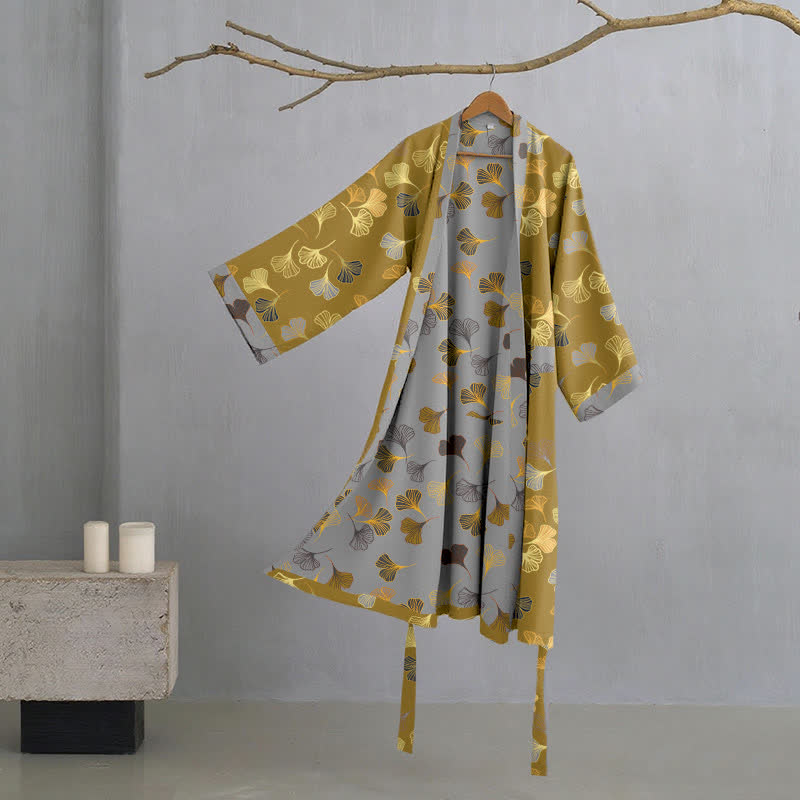 Luxe Katoenen Gaas Kimono Badjas met Ginkgo Biloba Print | Lichtgewicht Ochtendjas voor Dames en Heren | Ademend Dubbellaags Gaasweefsel | Sulvida