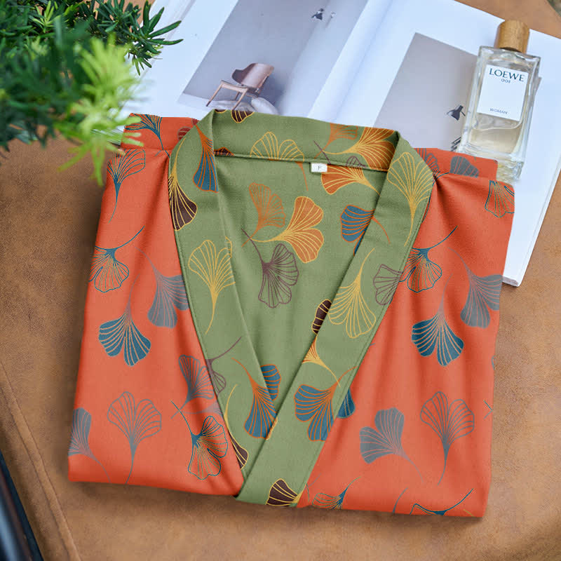 Luxe Katoenen Gaas Kimono Badjas met Ginkgo Biloba Print | Lichtgewicht Ochtendjas voor Dames en Heren | Ademend Dubbellaags Gaasweefsel | Sulvida