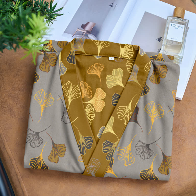 Luxe Katoenen Gaas Kimono Badjas met Ginkgo Biloba Print | Lichtgewicht Ochtendjas voor Dames en Heren | Ademend Dubbellaags Gaasweefsel | Sulvida