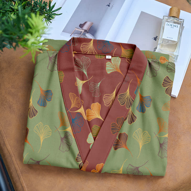 Luxe Katoenen Gaas Kimono Badjas met Ginkgo Biloba Print | Lichtgewicht Ochtendjas voor Dames en Heren | Ademend Dubbellaags Gaasweefsel | Sulvida