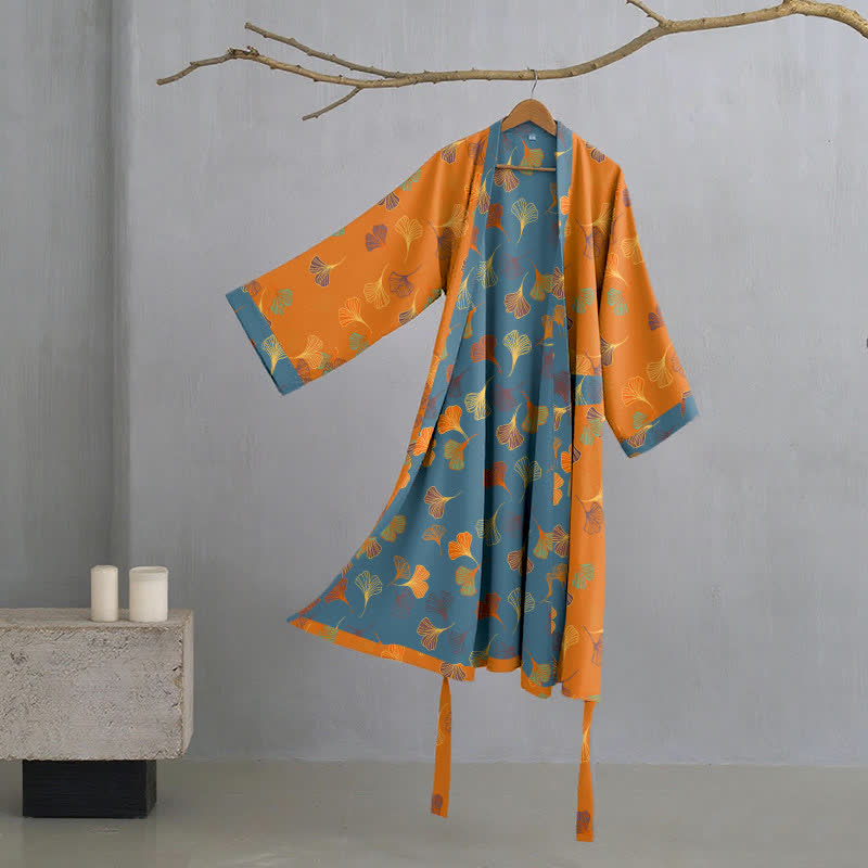 Luxe Katoenen Gaas Kimono Badjas met Ginkgo Biloba Print | Lichtgewicht Ochtendjas voor Dames en Heren | Ademend Dubbellaags Gaasweefsel | Sulvida
