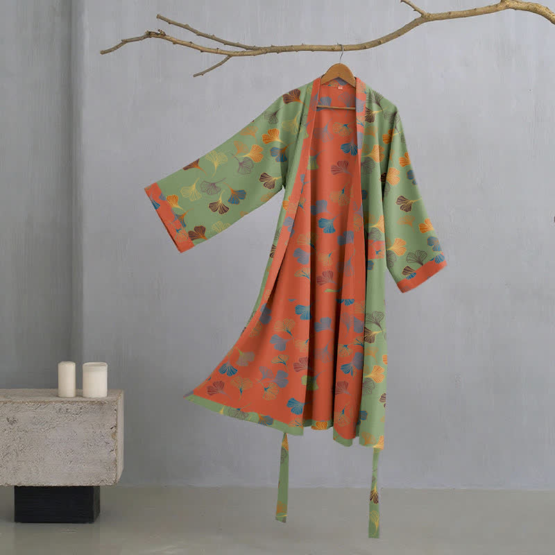 Luxe Katoenen Gaas Kimono Badjas met Ginkgo Biloba Print | Lichtgewicht Ochtendjas voor Dames en Heren | Ademend Dubbellaags Gaasweefsel | Sulvida