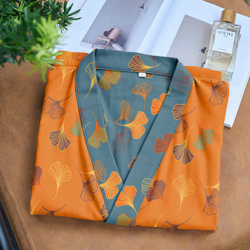 Luxe Katoenen Gaas Kimono Badjas met Ginkgo Biloba Print | Lichtgewicht Ochtendjas voor Dames en Heren | Ademend Dubbellaags Gaasweefsel | Sulvida