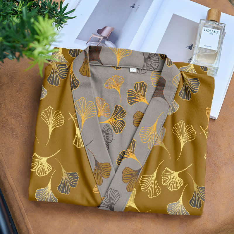 Luxe Katoenen Gaas Kimono Badjas met Ginkgo Biloba Print | Lichtgewicht Ochtendjas voor Dames en Heren | Ademend Dubbellaags Gaasweefsel | Sulvida