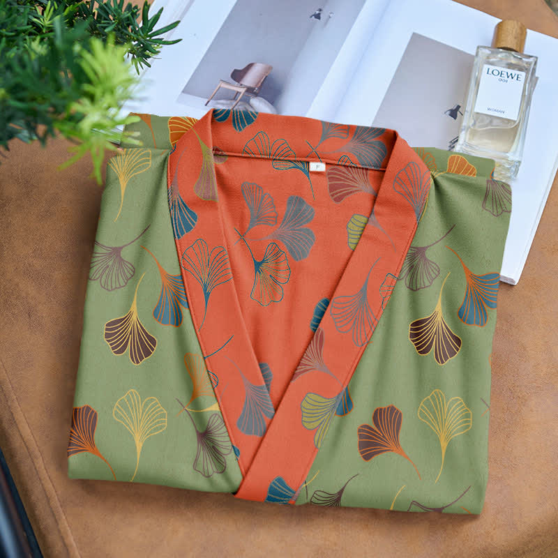 Luxe Katoenen Gaas Kimono Badjas met Ginkgo Biloba Print | Lichtgewicht Ochtendjas voor Dames en Heren | Ademend Dubbellaags Gaasweefsel | Sulvida