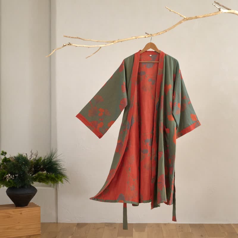 Katoenen Kimono met Groot Ginkgo Bladmotief – Dubbellaags Gaasweefsel Ochtendjas voor Dames en Heren Badstof Huisjas | Sulvida