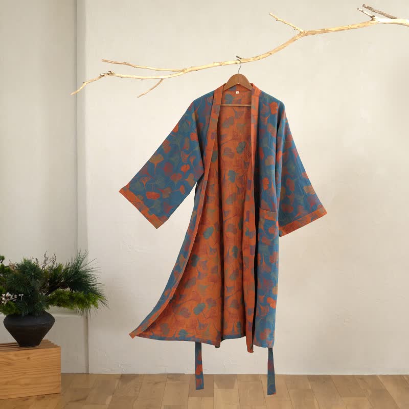 Luxe Katoenen Gaas Kimono Badjas met Ginkgo Biloba Print | Lichtgewicht Ochtendjas voor Dames en Heren | Ademend Dubbellaags Gaasweefsel | Sulvida