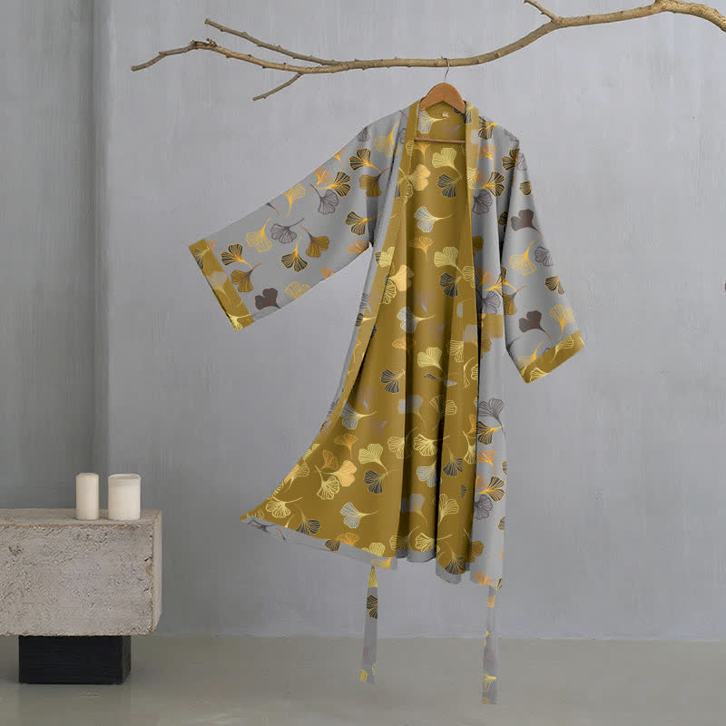 Luxe Katoenen Gaas Kimono Badjas met Ginkgo Biloba Print | Lichtgewicht Ochtendjas voor Dames en Heren | Ademend Dubbellaags Gaasweefsel | Sulvida