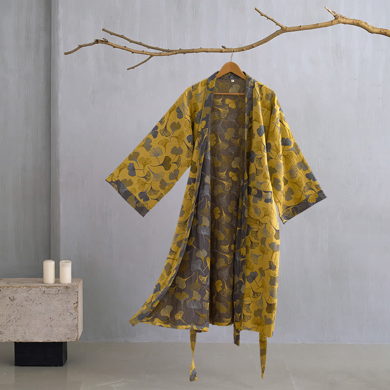 Luxe Katoenen Gaas Kimono Badjas met Ginkgo Biloba Print | Lichtgewicht Ochtendjas voor Dames en Heren | Ademend Dubbellaags Gaasweefsel | Sulvida