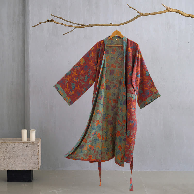 Luxe Katoenen Gaas Kimono Badjas met Ginkgo Biloba Print | Lichtgewicht Ochtendjas voor Dames en Heren | Ademend Dubbellaags Gaasweefsel | Sulvida