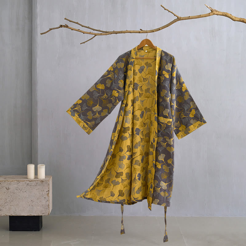 Luxe Katoenen Gaas Kimono Badjas met Ginkgo Biloba Print | Lichtgewicht Ochtendjas voor Dames en Heren | Ademend Dubbellaags Gaasweefsel | Sulvida