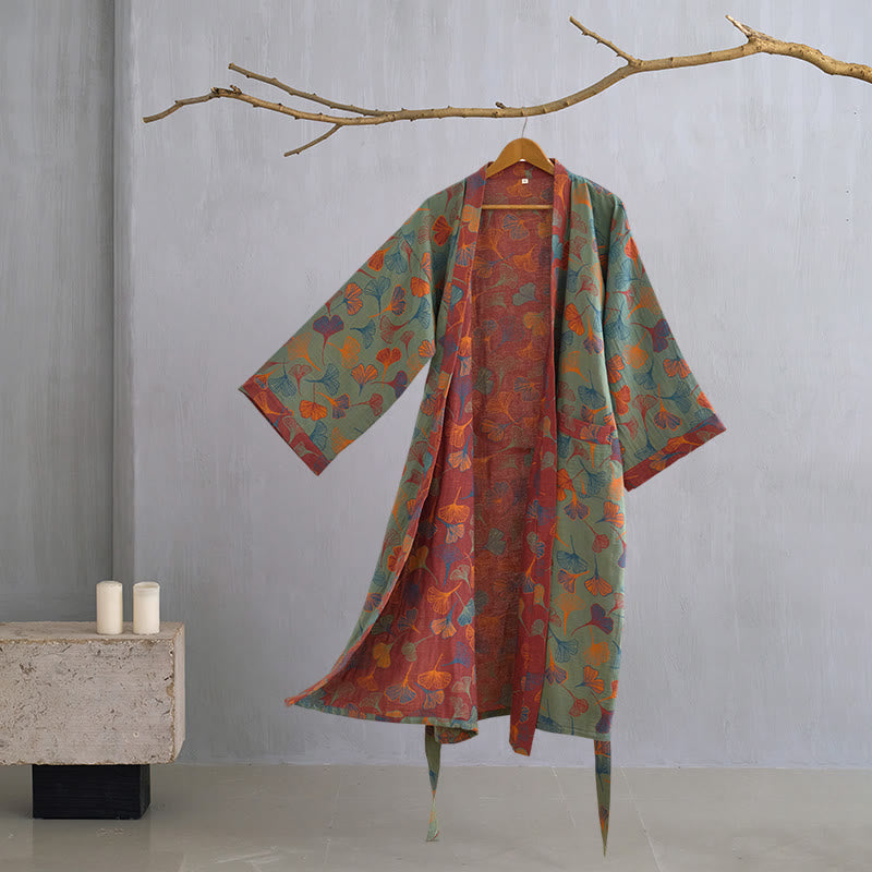 Luxe Katoenen Gaas Kimono Badjas met Ginkgo Biloba Print | Lichtgewicht Ochtendjas voor Dames en Heren | Ademend Dubbellaags Gaasweefsel | Sulvida