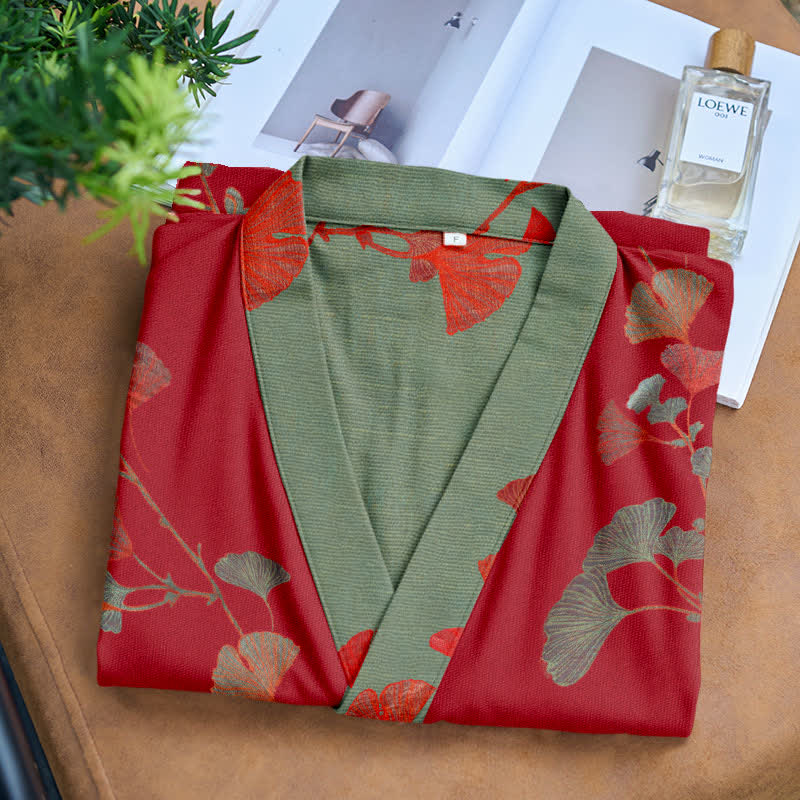 Organisch Katoenen Kimono Badjas met Ginkgo Bladeren Patroon – Omkeerbaar Tweekleurig Design voor Dames en Heren – Luchtige Gaas Kwaliteit – Luxe Loungewear met Bijpassende Riem | Sulvida