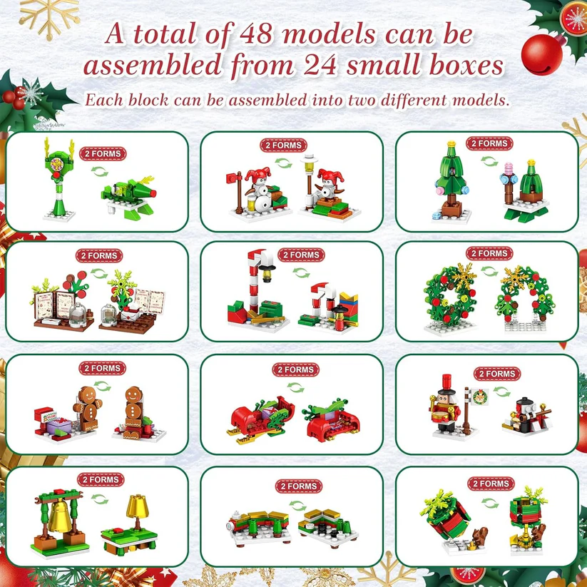 Adventskalender met bouwstenen 24 dagen – creatief kerstdorp bouwen speelgoed voor kinderen en volwassenen | Sulvida