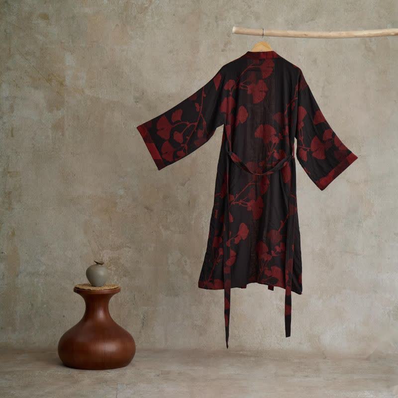 Katoenen Kimono met Groot Ginkgo Bladmotief – Dubbellaags Gaasweefsel Ochtendjas voor Dames en Heren Badstof Huisjas | Sulvida