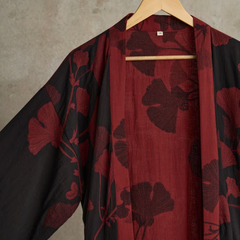 Katoenen Kimono met Groot Ginkgo Bladmotief – Dubbellaags Gaasweefsel Ochtendjas voor Dames en Heren Badstof Huisjas | Sulvida