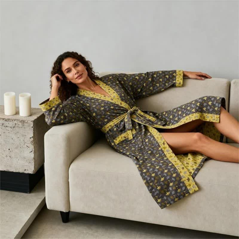 Katoenen Kimono Badjas met Ginko-Motief – Tweekleurige Ochtendjas van Ademende Katoenen Gaas – Unisex Nachtjapon met Verstelbare Taille voor Dames en Heren | Sulvida