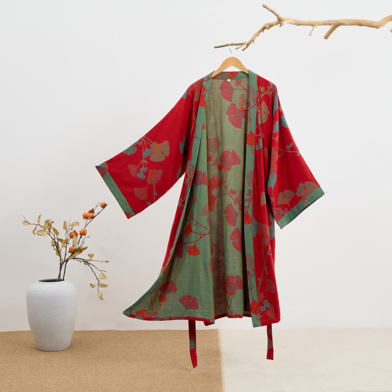 Organisch Katoenen Kimono Badjas met Ginkgo Bladeren Patroon – Omkeerbaar Tweekleurig Design voor Dames en Heren – Luchtige Gaas Kwaliteit – Luxe Loungewear met Bijpassende Riem | Sulvida
