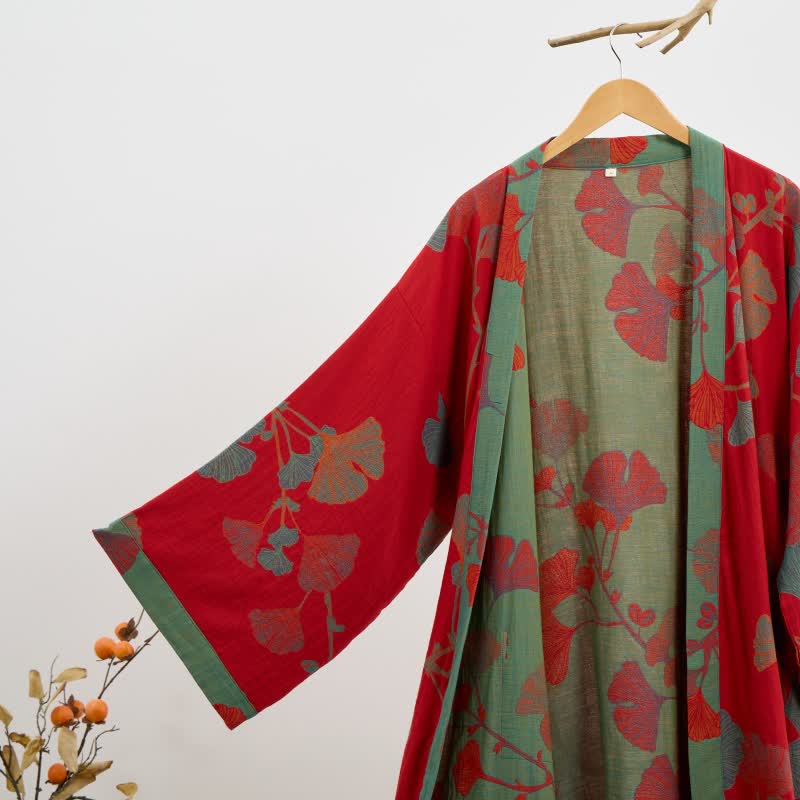 Organisch Katoenen Kimono Badjas met Ginkgo Bladeren Patroon – Omkeerbaar Tweekleurig Design voor Dames en Heren – Luchtige Gaas Kwaliteit – Luxe Loungewear met Bijpassende Riem | Sulvida