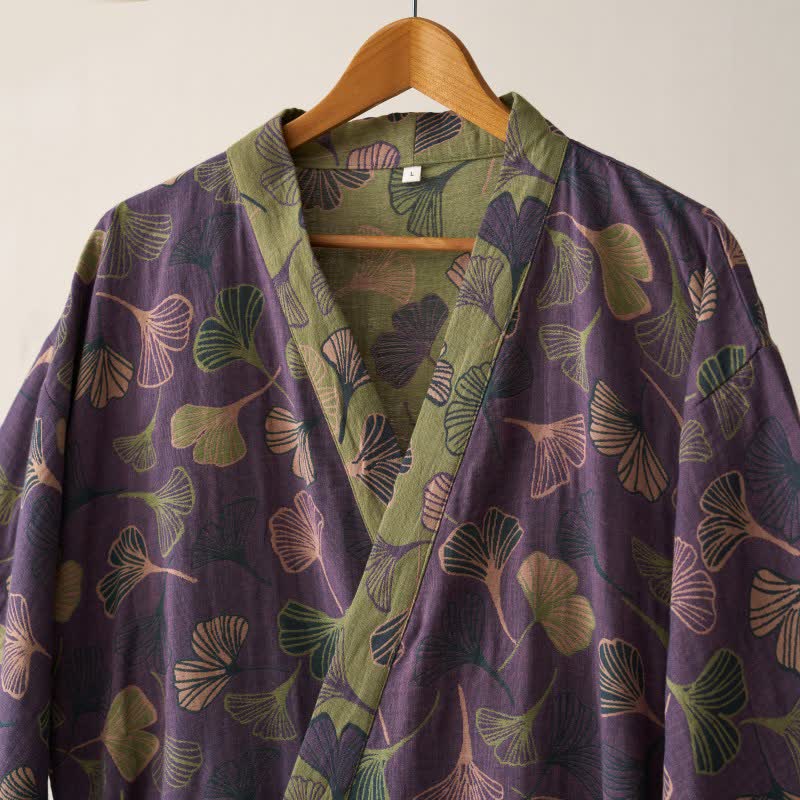 Luxe Katoenen Gaas Kimono Badjas met Ginkgo Biloba Print | Lichtgewicht Ochtendjas voor Dames en Heren | Ademend Dubbellaags Gaasweefsel | Sulvida
