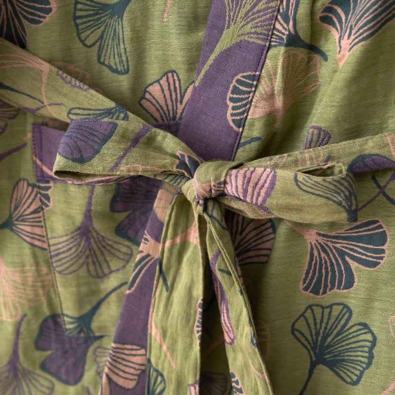 Luxe Katoenen Gaas Kimono Badjas met Ginkgo Biloba Print | Lichtgewicht Ochtendjas voor Dames en Heren | Ademend Dubbellaags Gaasweefsel | Sulvida