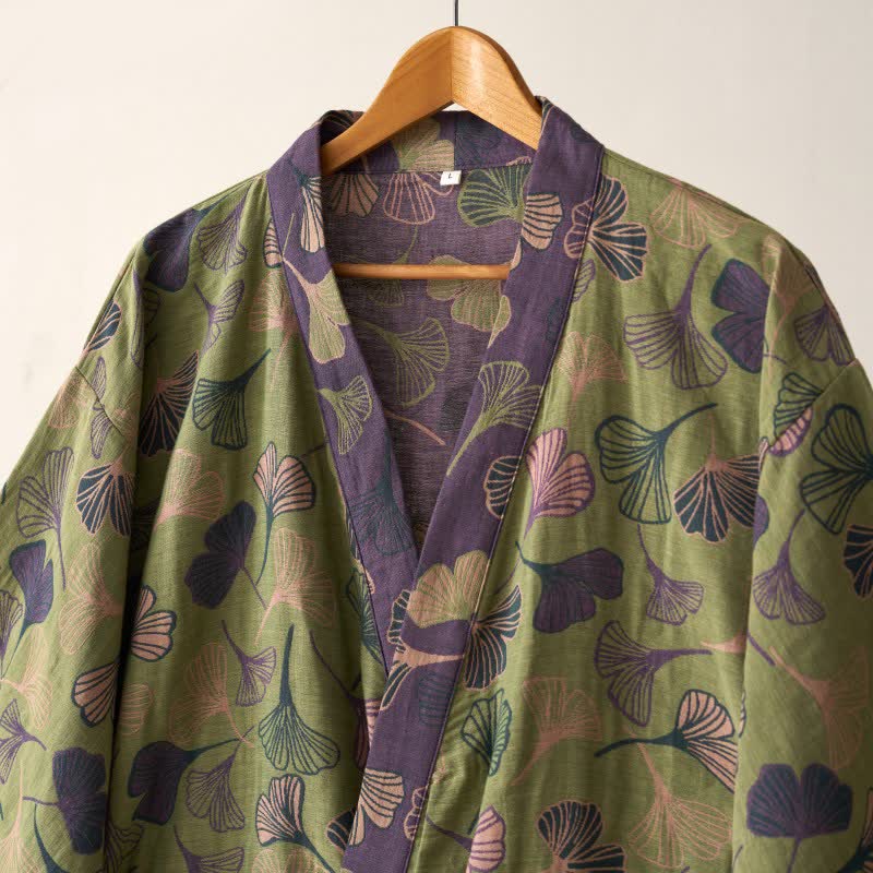 Luxe Katoenen Gaas Kimono Badjas met Ginkgo Biloba Print | Lichtgewicht Ochtendjas voor Dames en Heren | Ademend Dubbellaags Gaasweefsel | Sulvida