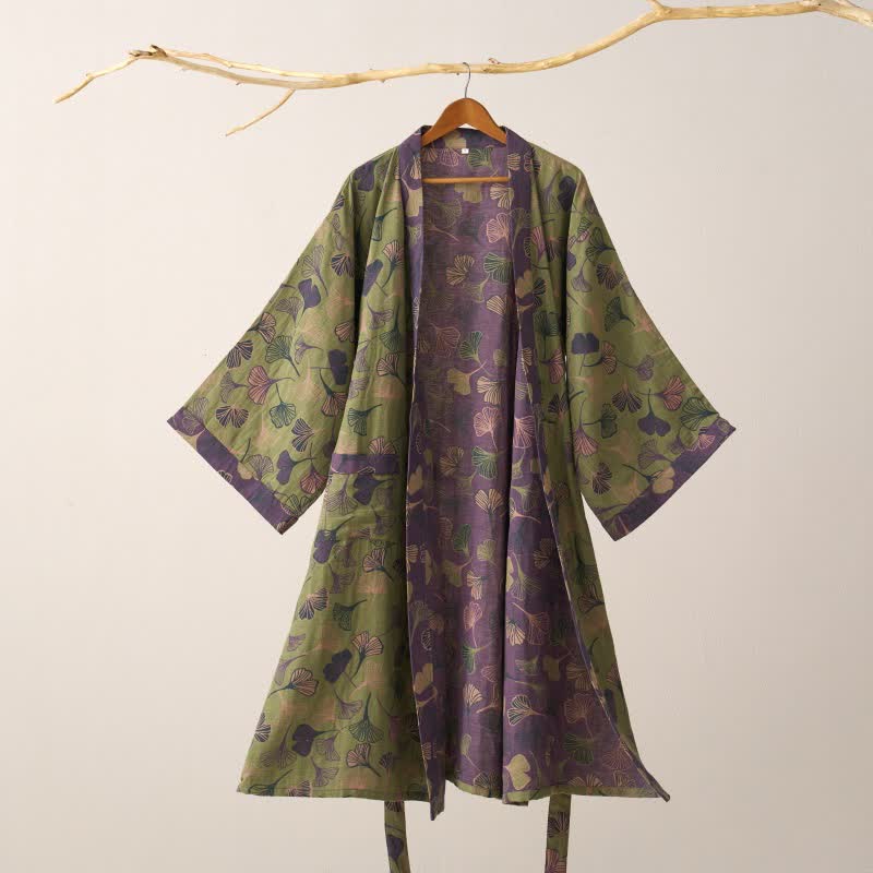 Luxe Katoenen Gaas Kimono Badjas met Ginkgo Biloba Print | Lichtgewicht Ochtendjas voor Dames en Heren | Ademend Dubbellaags Gaasweefsel | Sulvida